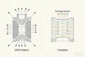 dfm violation vs. compliant part — side by side cad cross sections with shrinkage vectors.