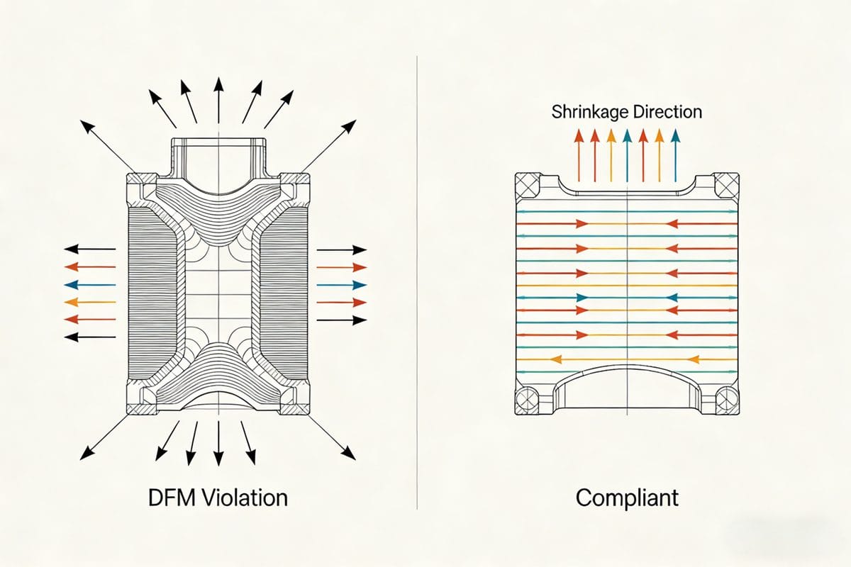 dfm violation vs. compliant part — side by side cad cross sections with shrinkage vectors.