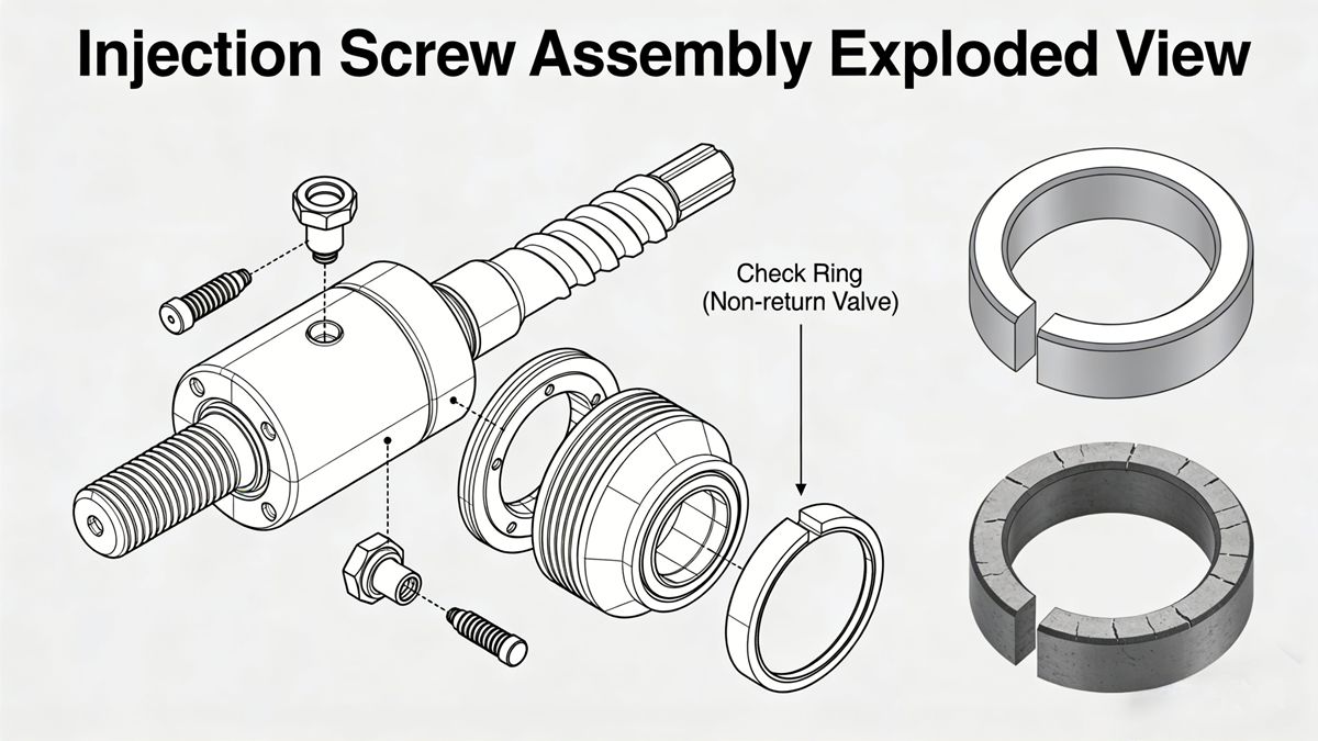 Diagram of worn injection molding screw check ring causing backflow