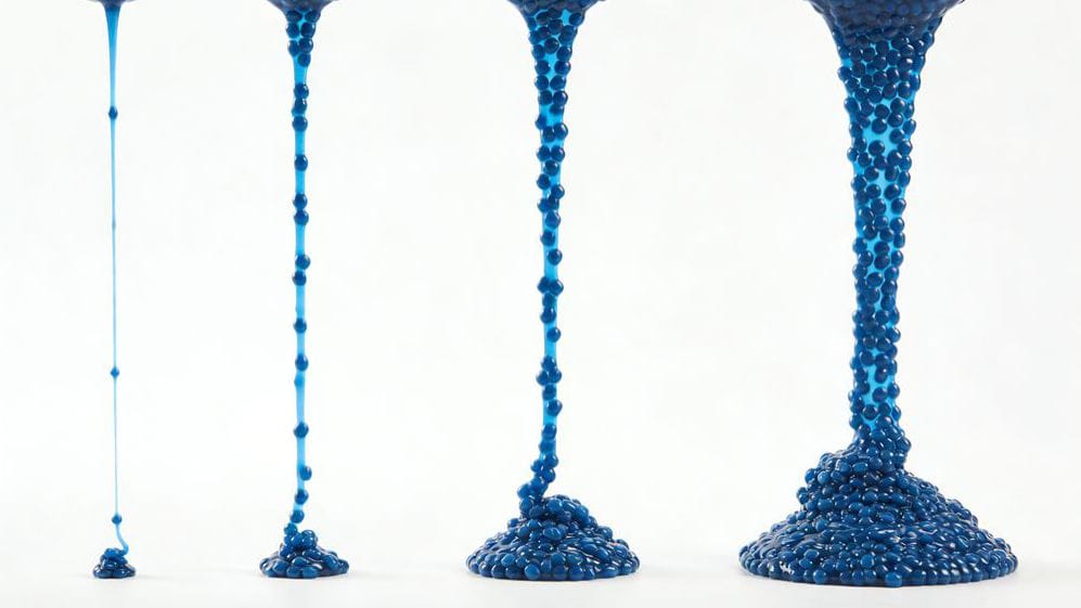 다양한 유속을 보여주는 용융 플라스틱 펠릿