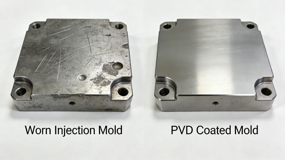 Comparison of worn injection mold vs PVD coated mold surface.
