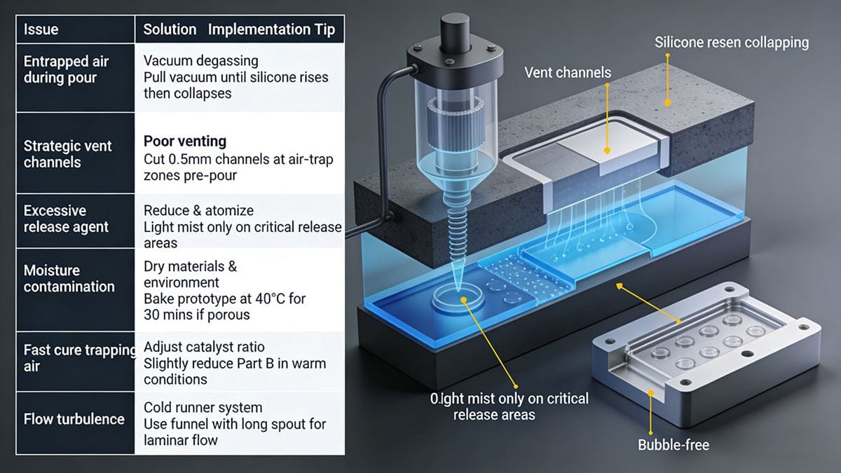 Cross-section diagram highlighting vent channels, vacuum chamber setup, and bubble-free cured mold