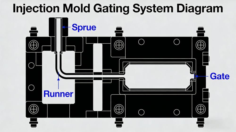 Diagram of an injection mold gating system including sprue, runner, and gate design.