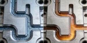 diagram showing how low mold temperature causes premature freezing and prevents shrinkage compensation