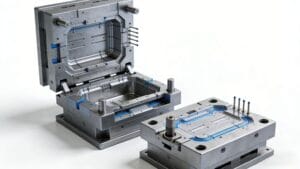 exploded view of a standard plastic injection mold showing moving and fixed halves.