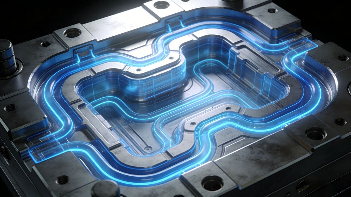Injection mold cooling system schematic &ndash; water channels ensure uniform heat extraction during plastic part solidification