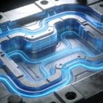 injection mold cooling system schematic – water channels ensure uniform heat extraction during plastic part solidification