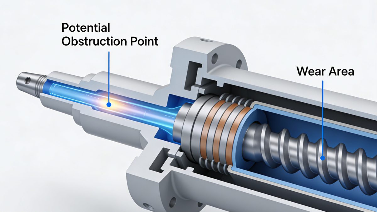 Injection molding machine nozzle and barrel inspection for silver streak causes