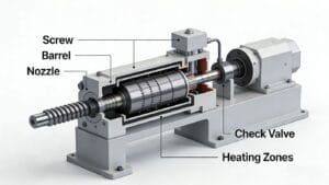 injection molding machine plasticizing unit components schematic for troubleshooting