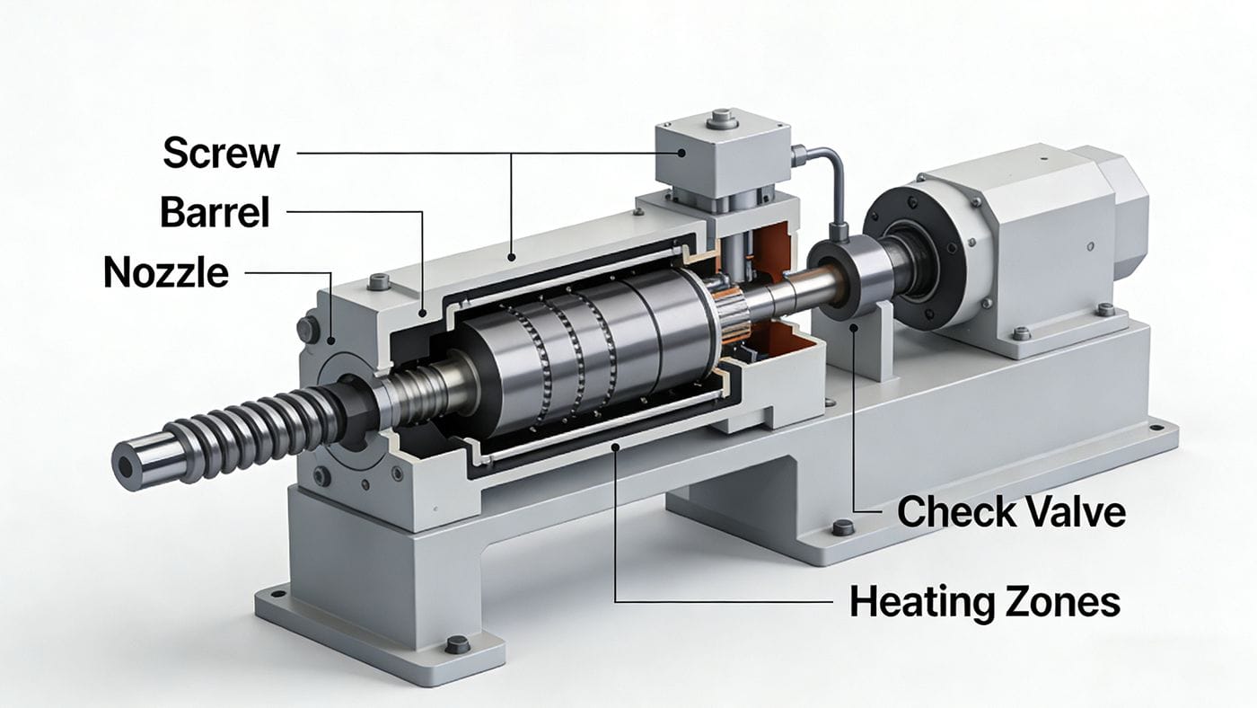 Injection molding machine plasticizing unit components schematic for troubleshooting