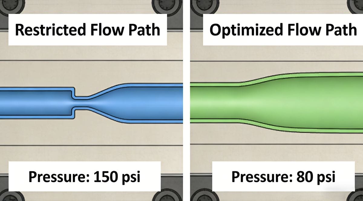 Mold flow analysis demonstrating improved filling with enlarged gates