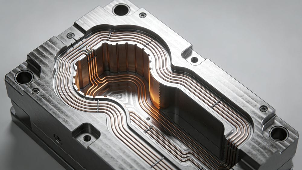 Mold temperature control system showing cooling channels inside the mold steel.