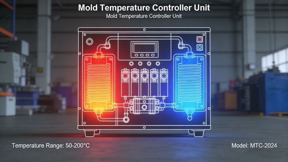 Mold temperature controller unit for injection molding.