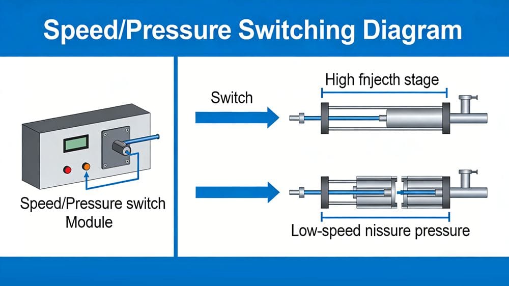 Multi-stage injection profile showing slow speed and high pressure for packing phase to reduce shrinkage.Multi-stage injection profile showing slow speed and high pressure for packing phase to reduce shrinkage.