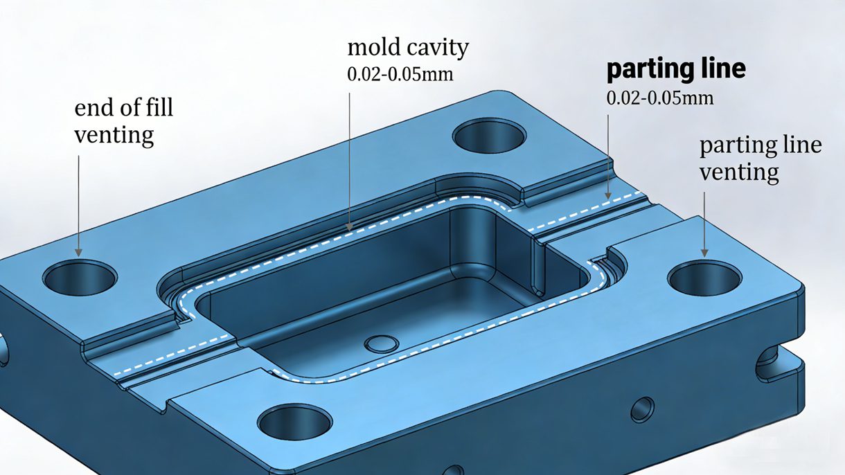 Proper mold venting design to prevent air traps and silver streaks in injection molding