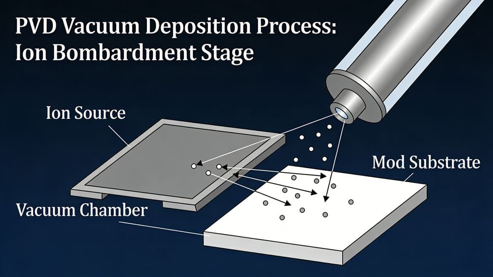 PVD vacuum deposition process diagram showing ion bombardment on mold surface
