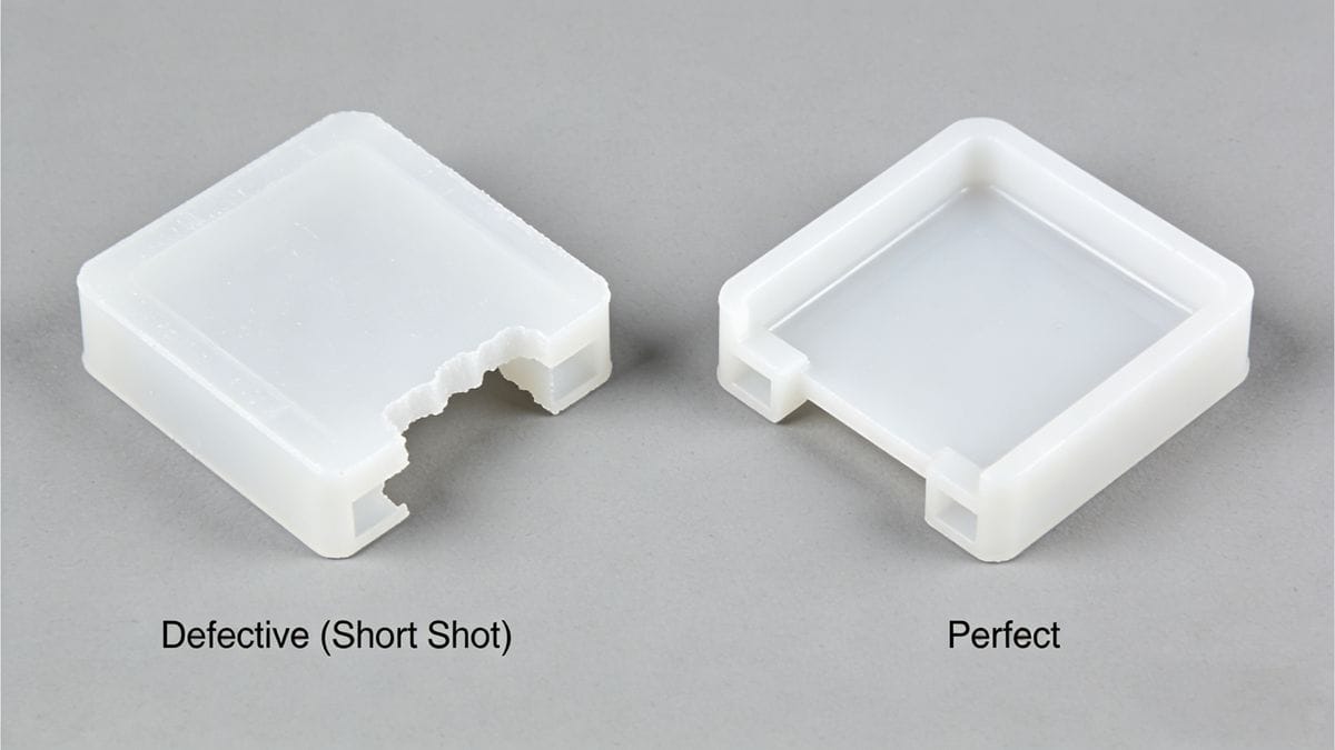 Short shot defect vs. fully filled injection molded part &ndash; visual comparison for troubleshooting