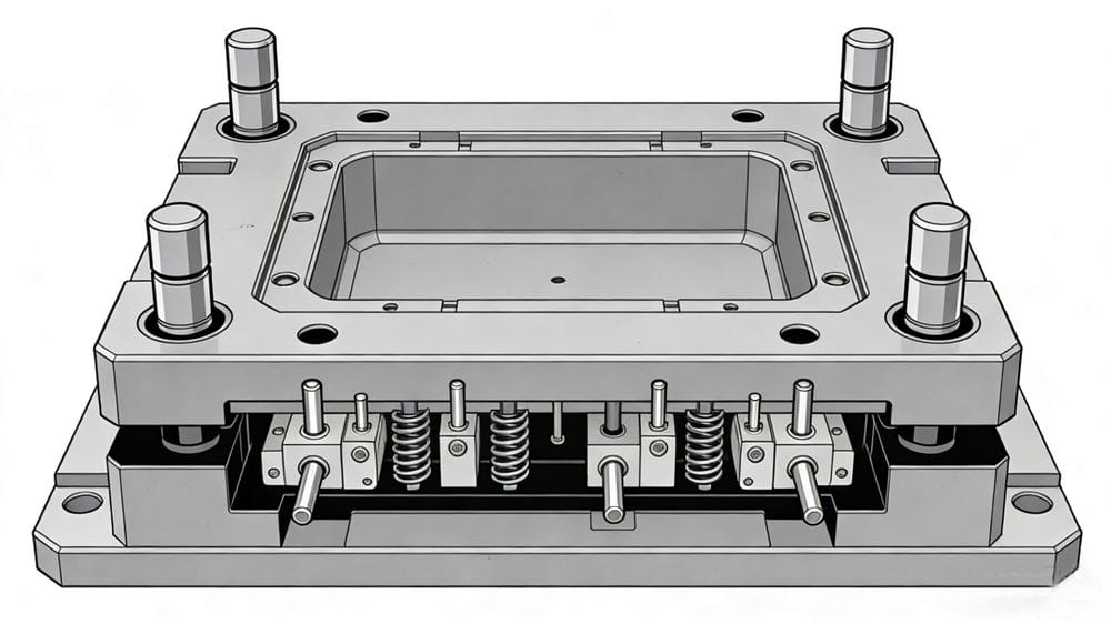 Standard injection mold base with guide pins and ejection system.