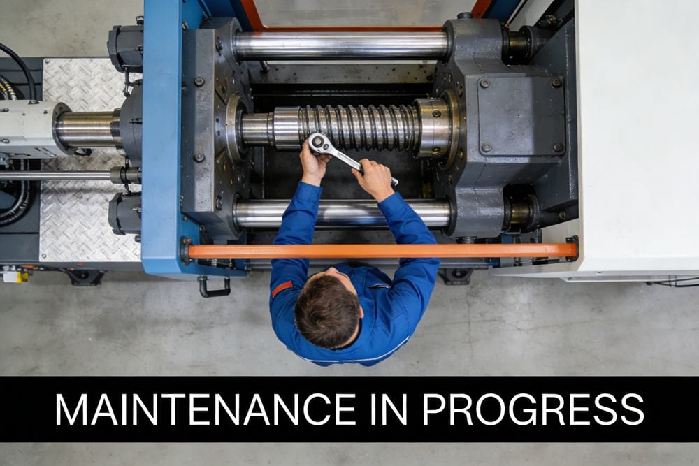 An injection molding machine with a maintenance technician inspecting the screw area.