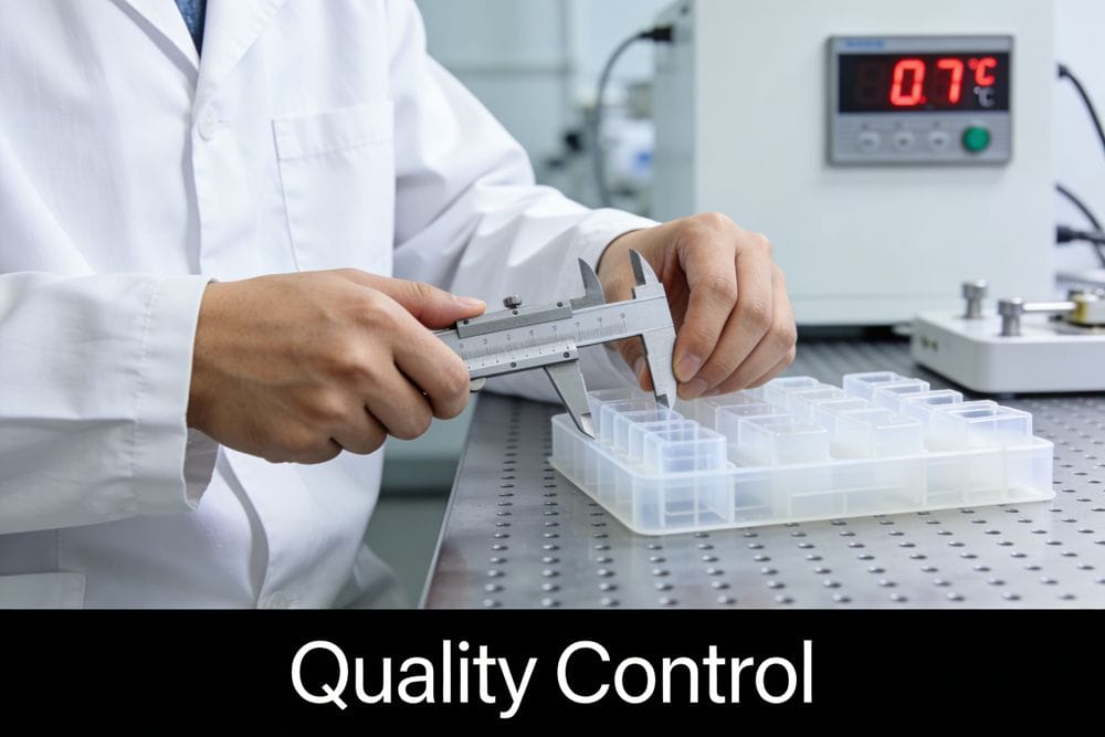 A quality control inspector measuring a plastic part in a temperature-controlled lab.