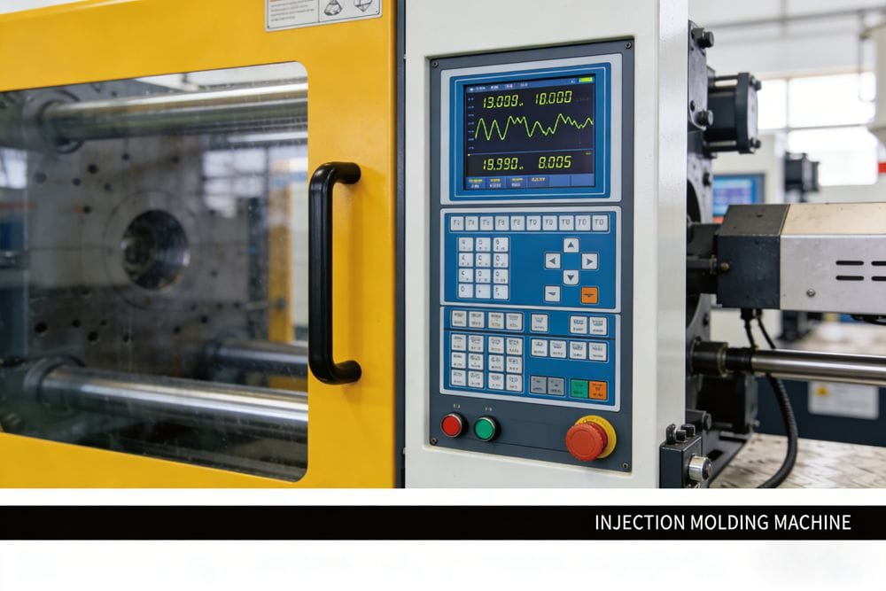 A control panel of an injection molding machine with fluctuating numbers.