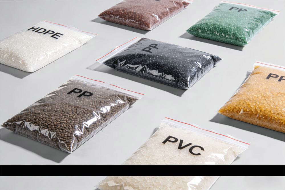 Bags of different colored plastic pellets or resins.