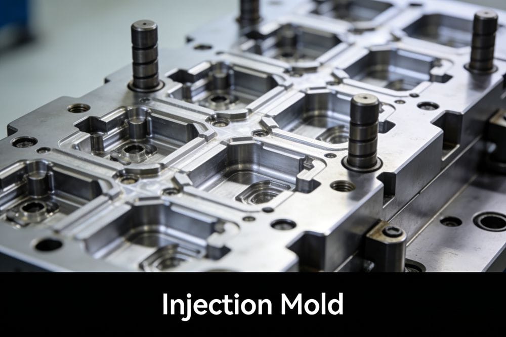A close-up of a complex injection mold with multiple cavities.