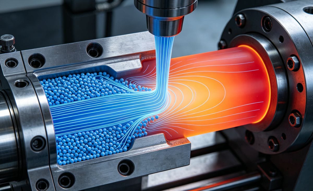 Diagram illustrating the flow field and temperature field in injection molding.