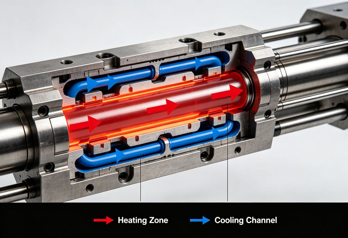 Diagram of injection molding barrel heating and mold cooling system.