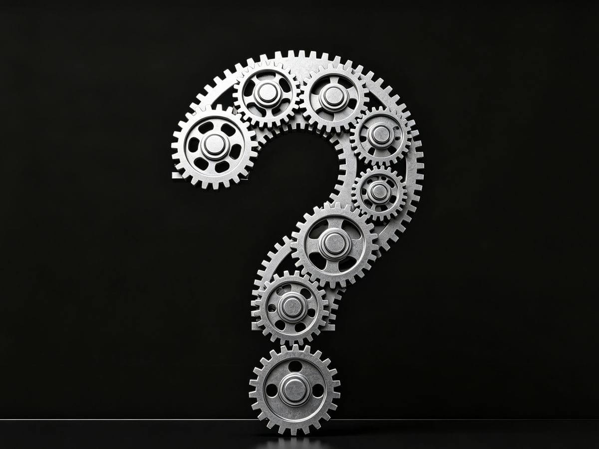 A question mark symbol made of gears and cogs