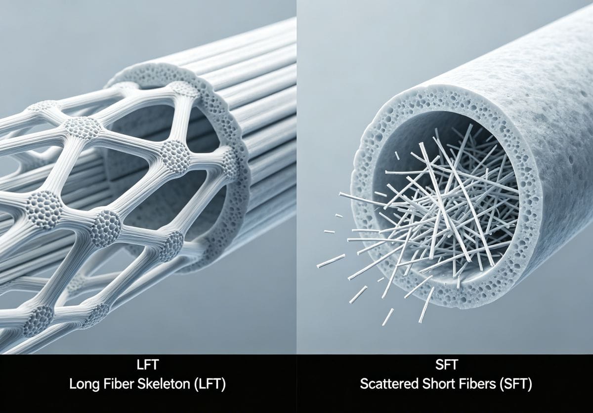 An illustration showing the interconnected long fiber skeleton inside an LFT part versus scattered short fibers in an SFT part