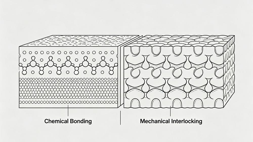 the interface between the two materials to illustrate &ldquo;Chemical Bonding&rdquo; vs. &ldquo;Mechanical Interlocking.&rdquo;