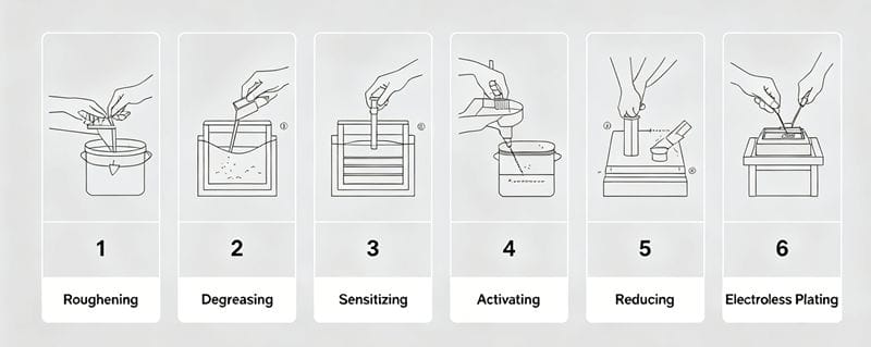 Step-by-step flowchart of plastic electroplating pretreatment process.