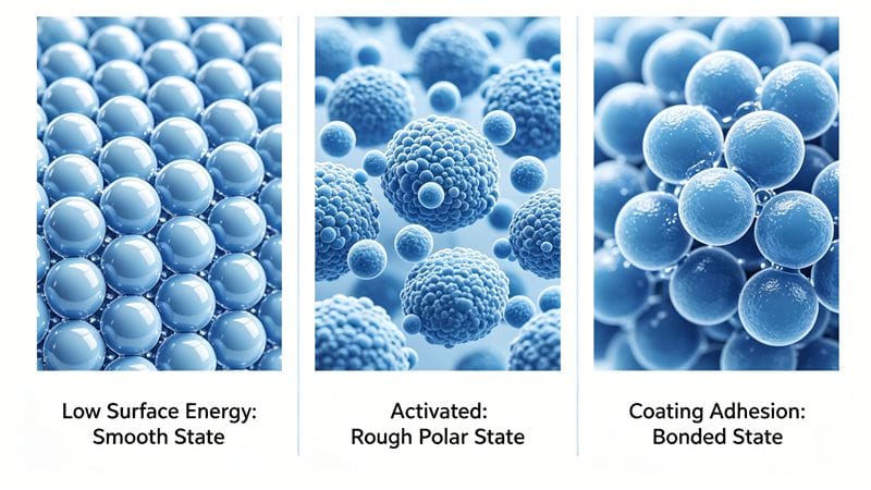 Diagram explaining plastic surface activation and wetting mechanism.