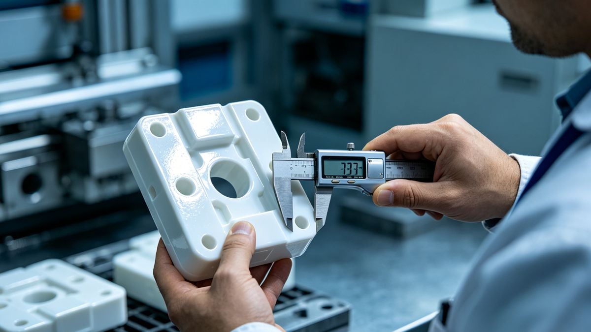 Quality control inspection of injection molded PE parts.