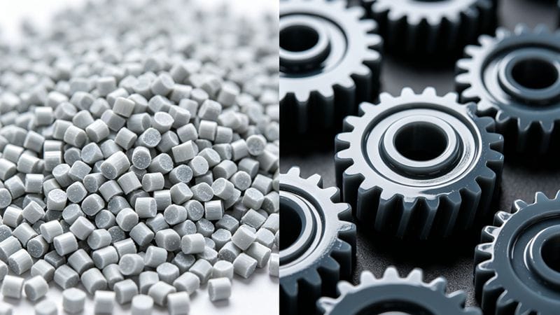 Raw polymer materials and finished plastic gear.