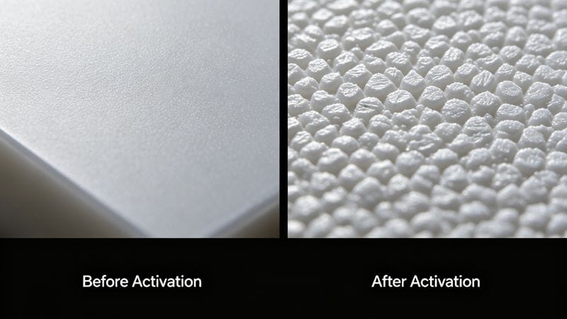 Microscopic view of plastic surface activation and etching process.