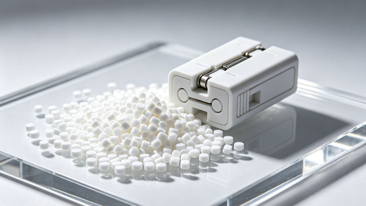 White Polypropylene PP plastic granules and a flexible hinge product