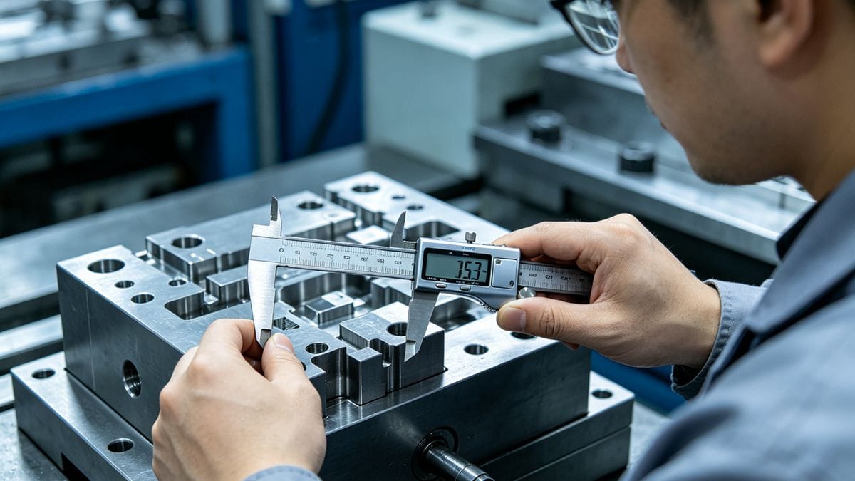 An engineer inspecting a mold with calipers