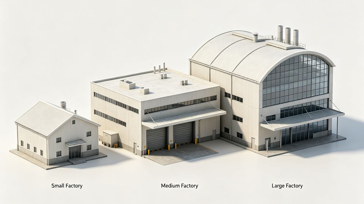 Three different types of factory buildings: small, medium, and large