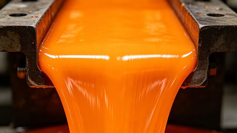 Molten nylon plastic during high temperature injection molding process.