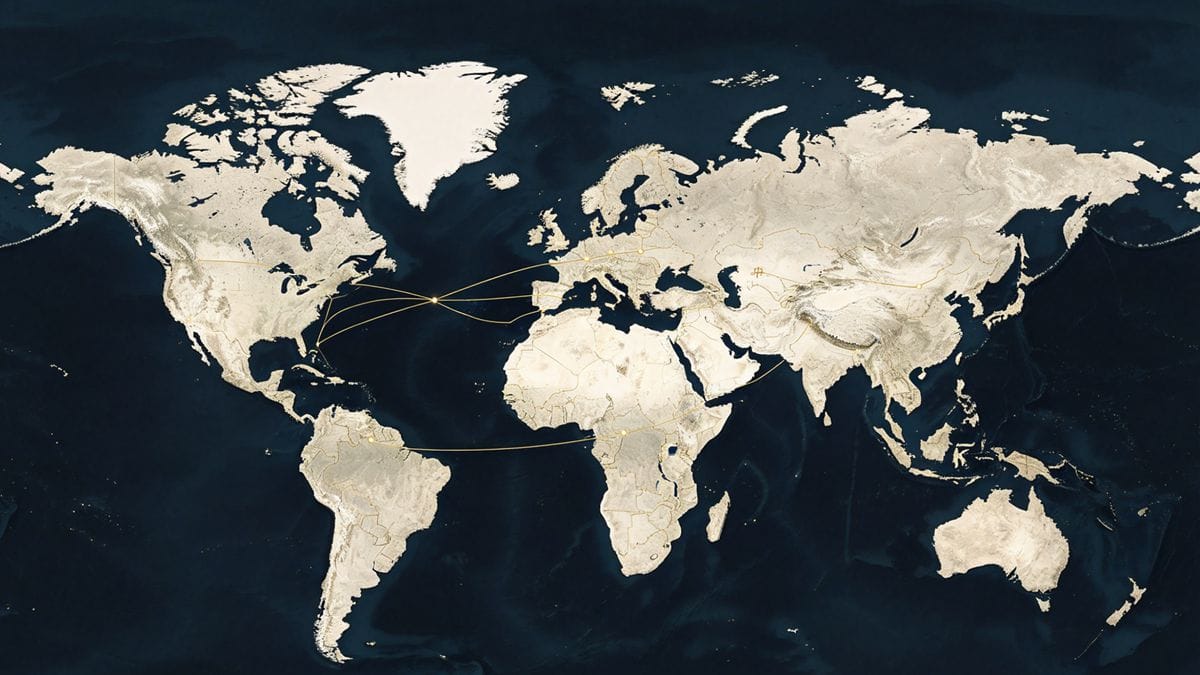 A world map highlighting trade routes from China