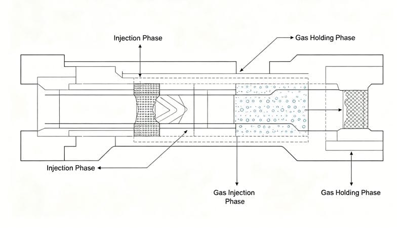 Diagram illustrating the Gas Assist Injection Molding process showing gas penetration in thick sections.