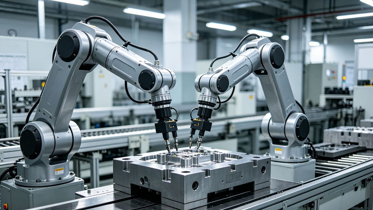 An automated robotic arm in a modern molding facility