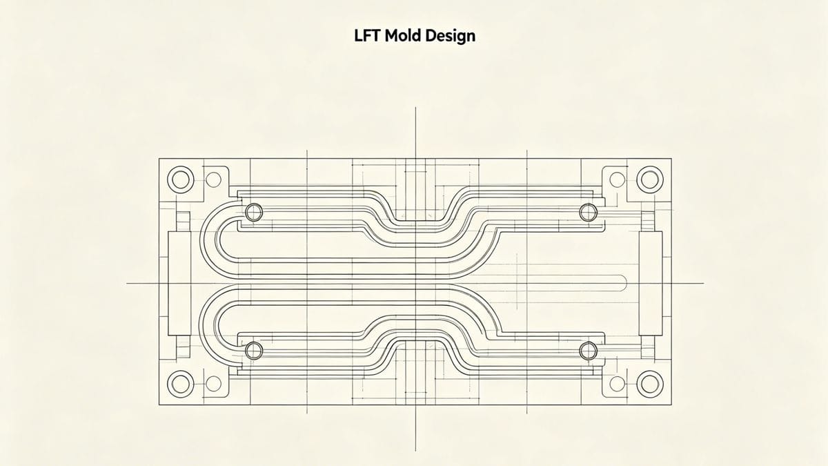 A diagram of an LFT mold design showing large runners and a fan gate to protect fiber length