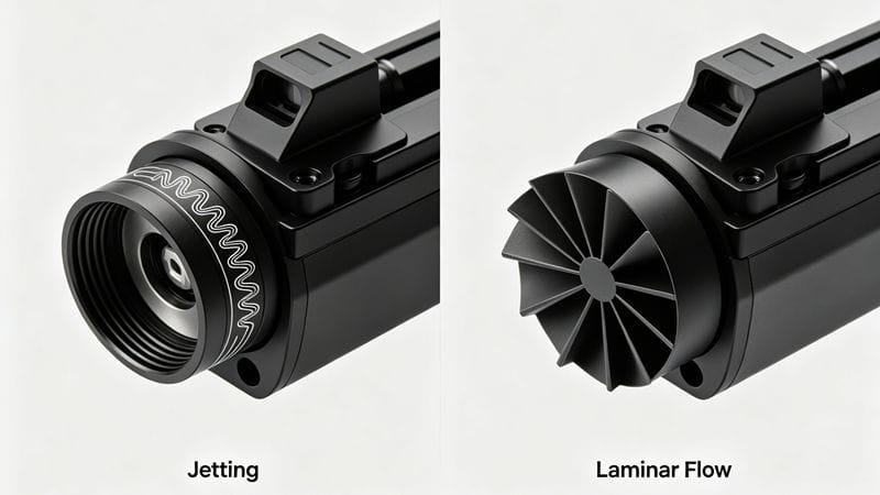 Comparison of jetting defect vs smooth laminar flow in injection molding.