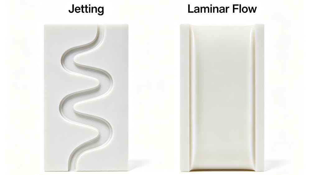 Injection molding jetting defect vs proper flow.