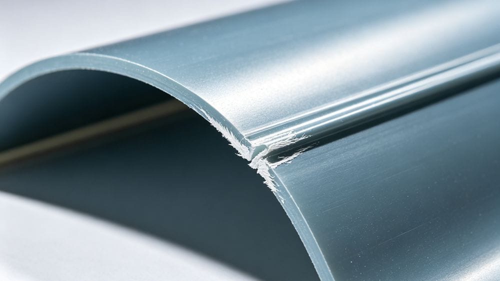 Stress whitening on bent rigid PVC material.