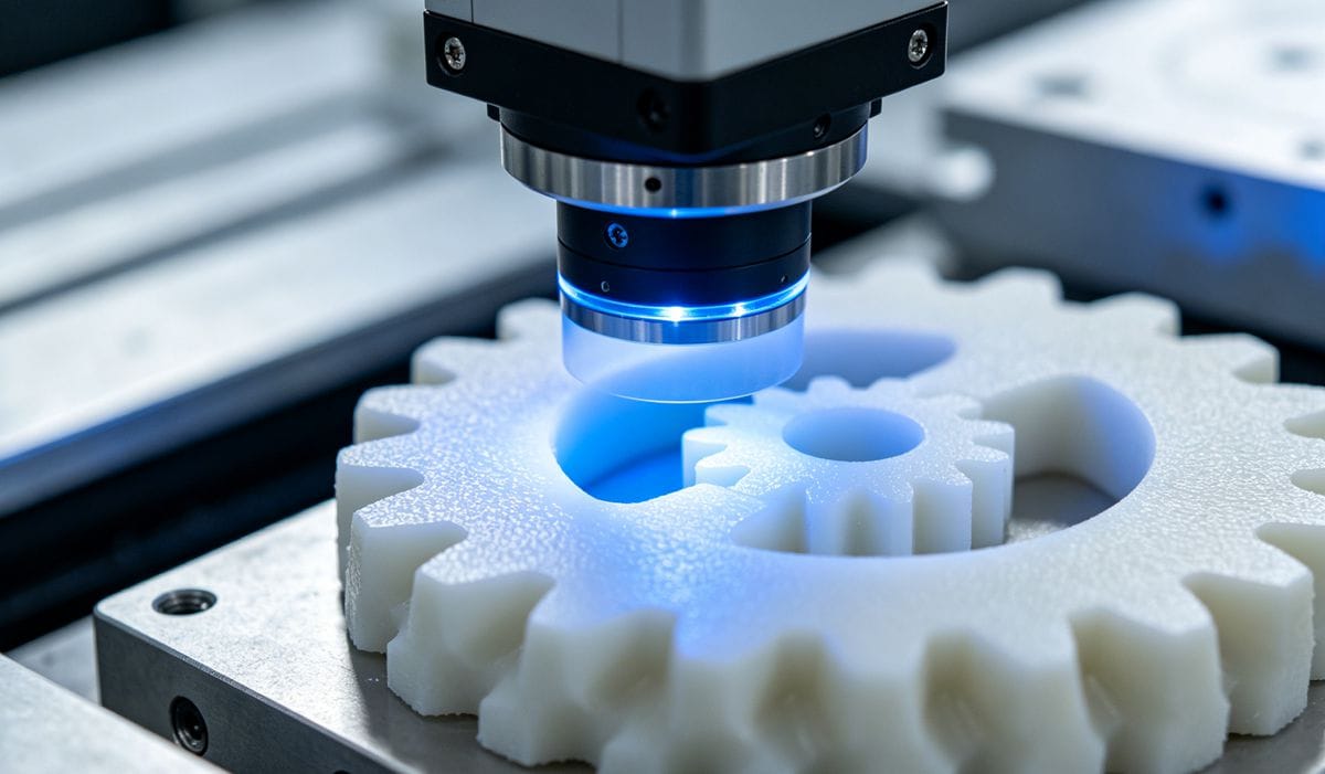 Precision gear metrology: Scanning the involute profile of an injection molding gear for quality control.