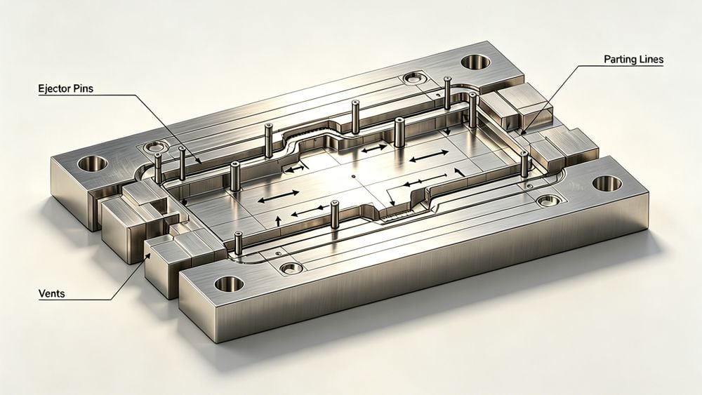 Injection mold venting system diagram showing air escape paths through parting line, ejector pins, and dedicated vents during mold filling.